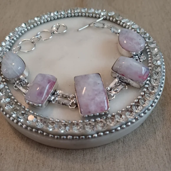 Rainbow Moonstone Silver Link Rectangle Teardrop Adjustable Bracelet - Picture 10 of 12